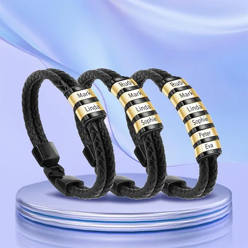 Vista 11 de Pulseras de cuero personalizadas para hombre con 1-6 nombres, pulsera trenzada personalizada con cuentas para papá, marido, día del padre, San