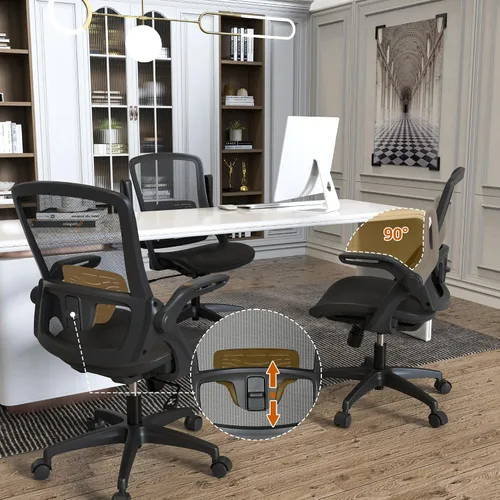 Vista 7 de KOLLIEE Silla de oficina en casa de malla ergonómica giratoria con soporte lumbar ajustable, silla de computadora cómoda negra con abatible