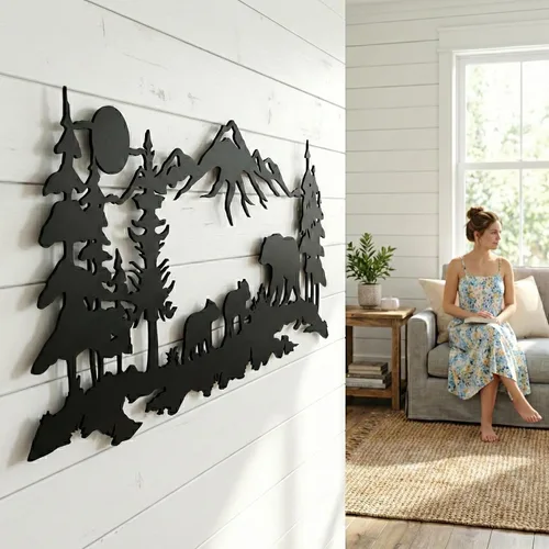 Vista 6 de DEKADRON Arte de pared de metal, arte familiar de oso de metal, decoración de montaña de árbol, decoración de pared de naturaleza, regalo