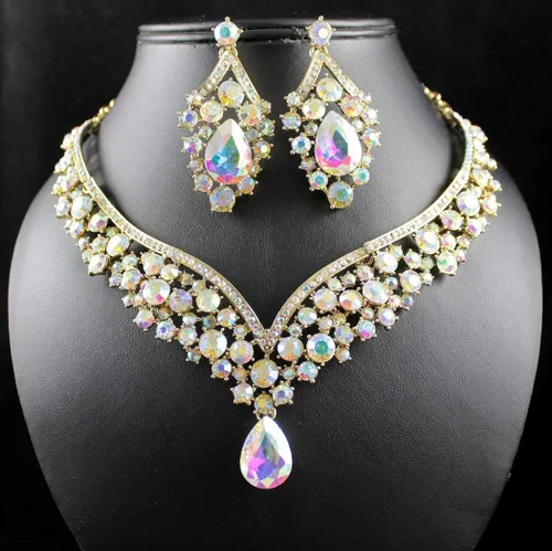 Vista 5 de janefashions elegante AB Rhinestone austríaco Crystal babero collar arete set n1623g Oro