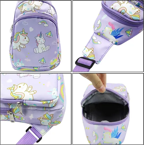 Vista 7 de ANKOMINA Bolso bandolera pequeño para niños, lindo bolso cruzado de dibujos animados, bolsa de hombro de unicornio dinosaurio para exteriores