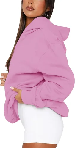 Vista 2 de PRETTODAY Sudadera con capucha de gran tamaño para mujer, sudadera casual de manga larga, color liso, suelta