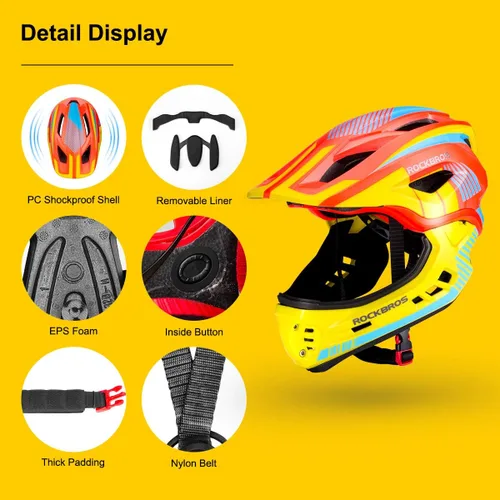 Vista 5 de ROCKBROS Casco integral para niños Cascos de bicicleta para niños Casco ligero de bicicleta de montaña para niños pequeños Desmontable para MTB BMX