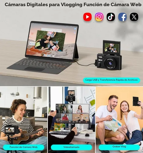 Vista 6 de Cámara digital, cámara de viaje UHD 5K de 80MP, cámaras compactas con zoom 18X, cámara de vlogging para YouTube con pantalla abatible de 3" 180°