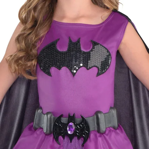 Vista 4 de Costumes USA Disfraz morado de Batgirl de Halloween para niñas Batman talla M 8-10 incluye vestido capa máscara y más