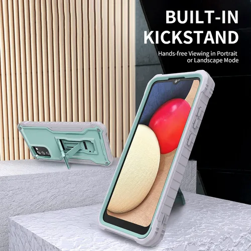 Vista 4 de Funda para Samsung Galaxy A02S, protección de grado militar, doble capa, a prueba de golpes, con protector de pantalla HD de vidrio templado y Verde