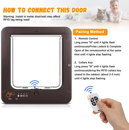 Vista 4 de Puerta inteligente para gatos con sensor de 3 collares, collar de puerta de gato RFID activado con control remoto, bloqueo de 4 vías, puerta Marrón