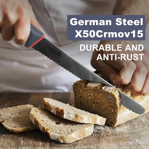 Vista 3 de DELFINA Cuchillo de pan de 10 pulgadas para masa madre de pan casero con agarre suave, cuchillo de pan dentado, borde ondulado, con funda para panes