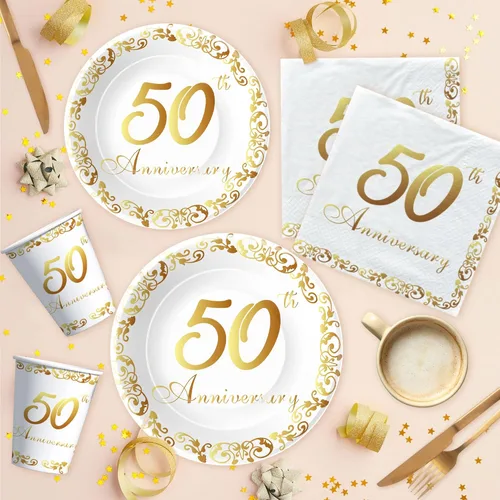 Vista 6 de APOWBLS Decoraciones y suministros para el 50 aniversario – Decoración dorada del 50 aniversario de boda, suministros para fiesta, plato de papel