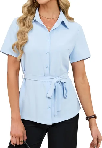 Vista 11 de Blooming Jelly Camisa con botones para mujer, cuello con lazo, manga corta, casual, para negocios, blusa de trabajo a la moda de verano