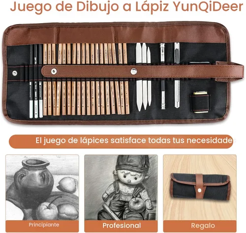 Vista 5 de YunQiDeer Lápices de dibujo, suministros de arte, kit de lápices de boceto para niños y adultos, juego de lápices de arte de grafito de carbón