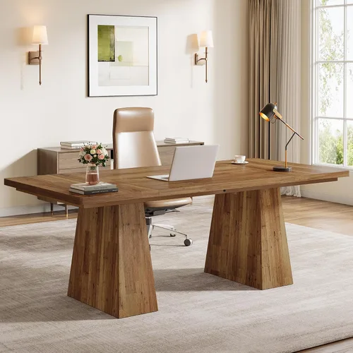 Vista 9 de Tribesigns Escritorio ejecutivo de 63 pulgadas, moderno escritorio negro para computadora de oficina con doble pedestal resistente, mesa de estudio