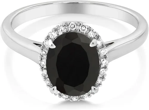 Vista 2 de Gem Stone King Anillo de compromiso de oro blanco de 10 quilates con ónix negro y diamantes para mujer