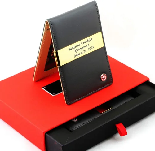 Vista 2 de SOTANIA - Clips personalizados de cuero genuino de 24 quilates para hombre carteras delgadas con bolsillo frontal para tarjetas regalo minimalista