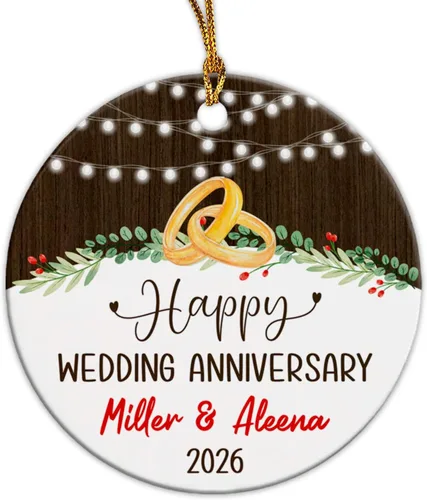 Vista 9 de Adorno de cerámica personalizado para aniversario de Navidad 2025, adorno de cerámica de Navidad de aniversario de boda, adorno de Navidad