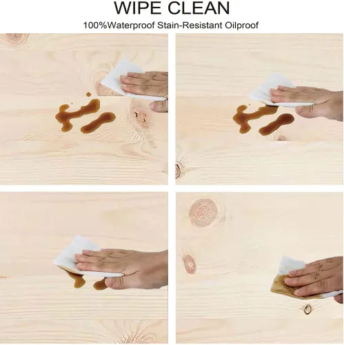 Vista 4 de Mesa cuadrada de tablones de madera, impresión de textura de tablones de madera, borde elástico, adecuada para catering y cocina, apta para mesa