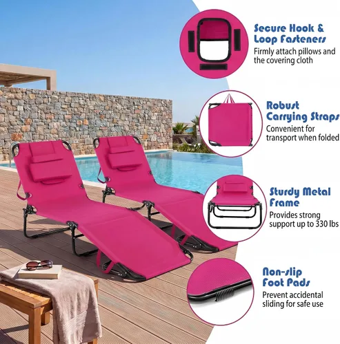 Vista 7 de Goplus Silla de bronceado, silla de playa plegable con agujero facial, almohada extraíble, correa de transporte, posición ajustable, silla
