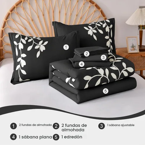 Vista 6 de Juego de edredón tamaño King, 7 piezas con estampado botánico floral blanco en negro, juego de edredón con sábanas, juego de ropa de cama