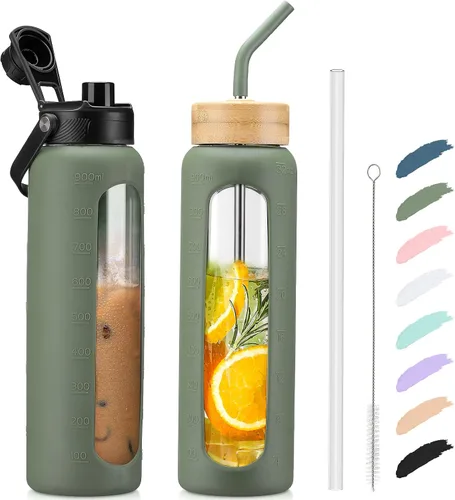 Vista 39 de Botella de agua Kodrine con pajita, botella de vidrio de 24 oz con 2 tapas, una de pajita de bambú y otra con pico y asa, botella de vidrio