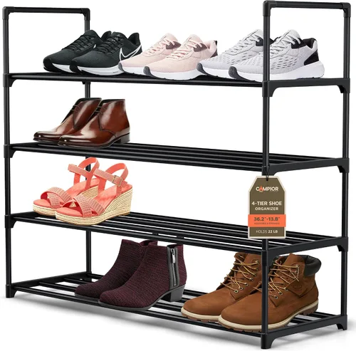 Vista 9 de Zapatero negro de 3 niveles, estante grande de 36 pulgadas con capacidad para 15 pares de zapatos, zapatero resistente para entrada, dormitorio
