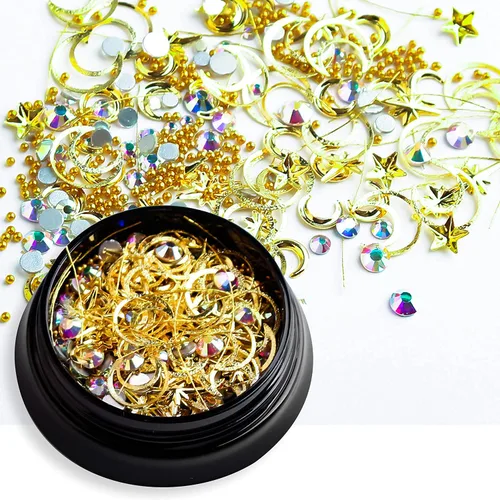 Vista 8 de 6 cajas de dijes de uñas 3D dorados, dijes de arte de uñas con parte trasera plana, joyas de diamantes de imitación para uñas, gemas de uñas