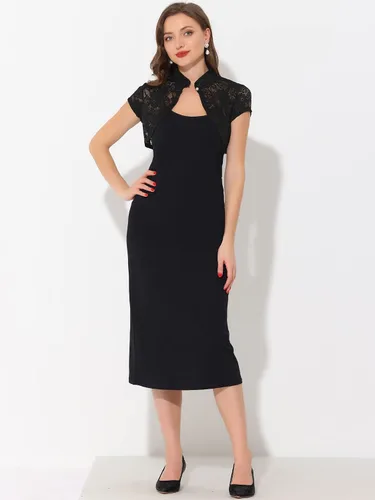 Vista 3 de Allegra K Cárdigan de encaje para mujer, cuello alto, corto y elegante