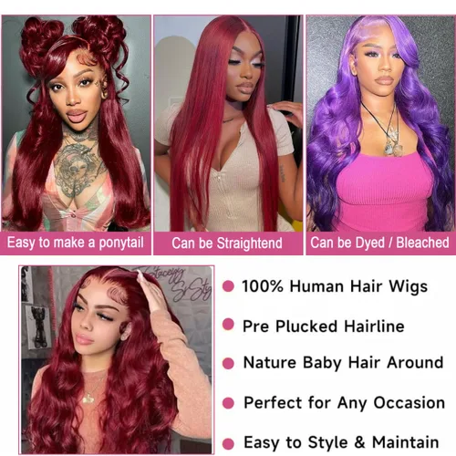 Vista 3 de Smabuity 99J Pelucas de encaje frontal burdeo de pelo humano, peluca burdeo roja de pelo humano, 13x6, peluca de encaje frontal HD de onda corporal