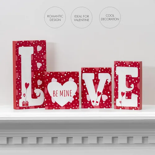 Vista 5 de Bloques de amor de madera roja – Día de San Valentín romántico corazón letras de madera Bloque decorativo con corazones para estante de mantel sobre