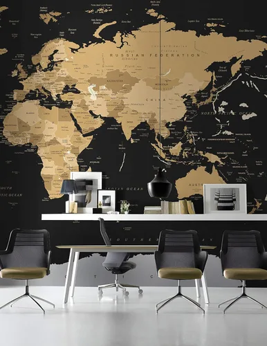 Vista 3 de Murwall Papel tapiz de mapa, color marrón y negro, mapamundial, mural de pared, mapas políticos, oscuros, impresión de pared, sala de estar