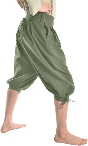 Vista 3 de Gafeng Pantalones piratas medievales para hombre, disfraz de caballero vikingo renacentista, con cordones, pantalones cortos LARP para Halloween