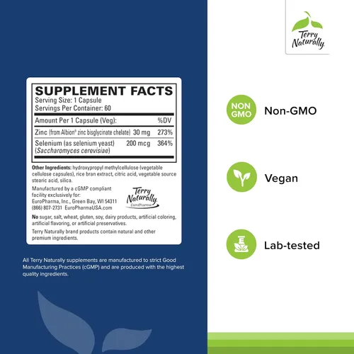 Vista 2 de Terry Naturally Zinc Plus Selenio - Suplemento de salud inmune y respiratoria - Suplemento mineral con quelato de bisglicinato de zinc - Fórmula