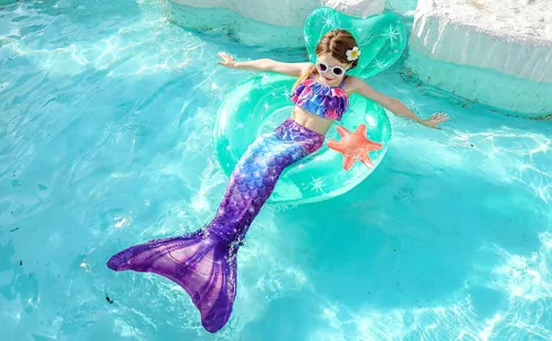 Vista 6 de DNFUN Traje de baño de sirena de 3 piezas para niñas, con cola de sirena, sin monoaleta