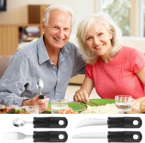 Vista 9 de Juego de utensilios adaptativos, suministros especiales pesados, utensilios de Parkinson, agarre débil y ayudas para discapacitados y Parkinson