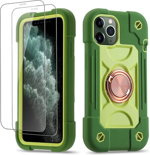Vista 140 de Funda para iPhone 11 de 6.1 pulgadas con soporte de anillo, con 2 protectores de pantalla de vidrio, resistente a los golpes, resistente a
