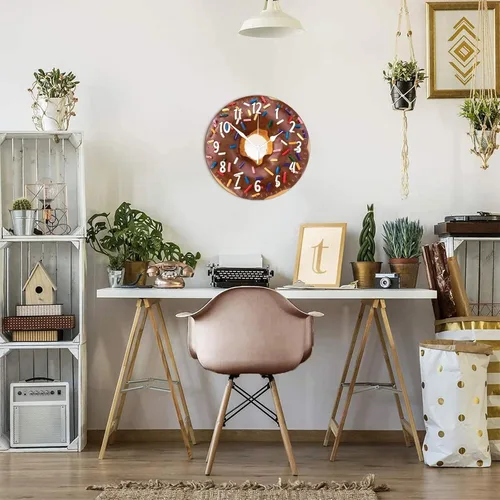 Vista 6 de Reloj de pared redondo de madera con forma de dona y alimento, movimiento de barrido, reloj de pared de estilo moderno, adecuado para dormitorio