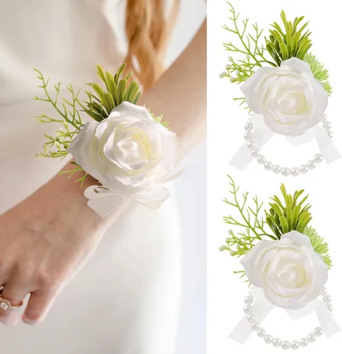 Vista 12 de Garisey Flores Artificiales Rosas Blancas Flores de Muñeca y Boutonniere para Hombres Flores de Boda Ceremonia Baile de Graduación