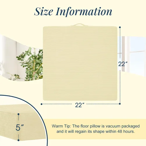 Vista 5 de Wellsin Cojines de Suelo Cuadrados Sólidos para Adultos y Niños - Cojín Grande de Suelo para Meditación y Asiento con Espuma Gruesa y Funda de Beige