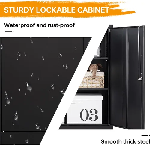 Vista 4 de Armario de almacenamiento de metal con 2 puertas, gabinete de almacenamiento de acero con cerradura con 2 puertas y estantes ajustables, gabinete