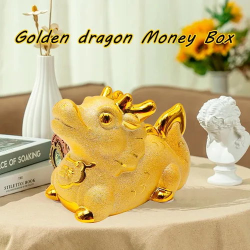 Vista 6 de Banco de dinero de dragón dorado, bonita caja de dinero, soporte para dinero familiar, almacenamiento de dinero de dragón, estatua de cerámica