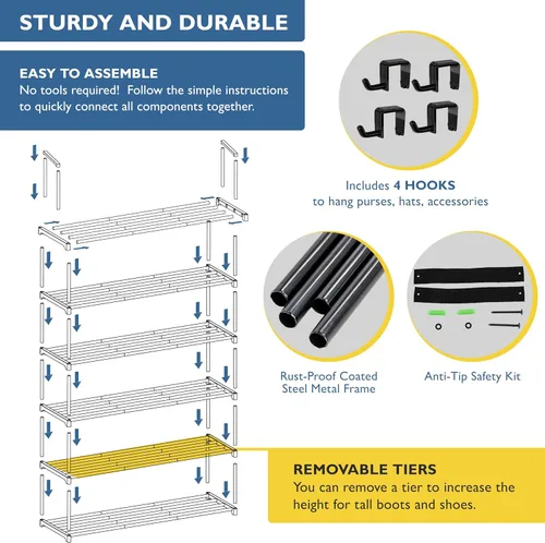 Vista 4 de Sundaze - Zapatero metálico de 6 niveles para entrada de puerta delantera Sturdy Tall Shoe Organizer for Closet, Bedroom, Entryway, Garage, Black