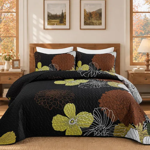 Vista 11 de Anibedding Juego de edredón con estampado floral verde, tamaño King, colcha de 3 piezas, elegante colcha de flores bohemias con 2 fundas de Gris
