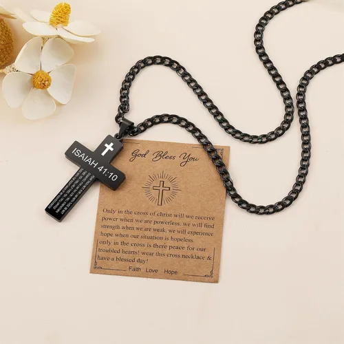Vista 4 de SKQIR Collar de cruz para hombres con versículo de la Biblia, escritura religiosa cristiana para la primera comunión, colgante de cruz para niños