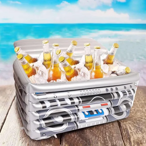 Vista 2 de Efavormart - Enfriador de bebidas inflable con temática de los años 80, contenedor de bebidas para fiesta en la piscina, 24 x 12 pulgadas