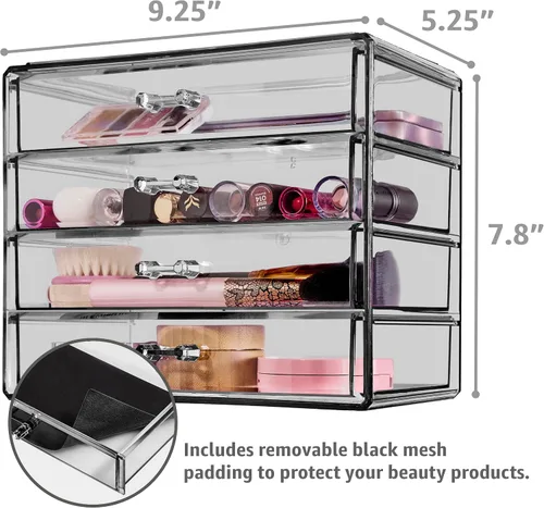 Vista 3 de Sorbus Organizador de maquillaje – Organizador de maquillaje acrílico de 4 cajones y almacenamiento para cosméticos, joyas, suministros de belleza