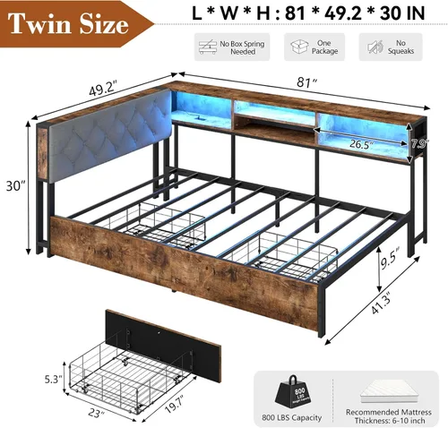 Vista 3 de Doltoro Marco de Cama de Esquina Individual con Estantería de Almacenamiento y Luces LED, Cama Diván Tamaño Individual con 2 Cajones de Gris