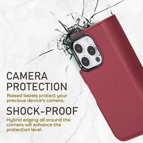 Vista 5 de Bayelon Estuche tipo billetera para iPhone 15 Pro, cartera de cuero desplegable de tres pliegues, cubierta tipo folio magnética desmontable, soporte