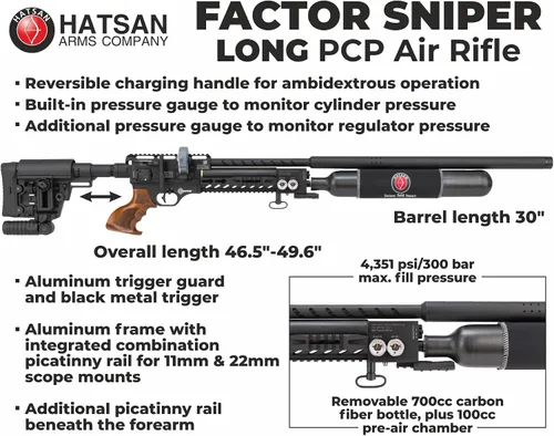Vista 4 de Hatsan Factor Sniper Long PCP - Rifle de aire con palanca lateral con paquete Wearable4U incluido