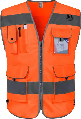 Vista 14 de TCCFCCT Chaleco de seguridad reflectante de alta visibilidad con 9 bolsillos para hombres y mujeres, chaleco de construcción Hi Vis con tiras