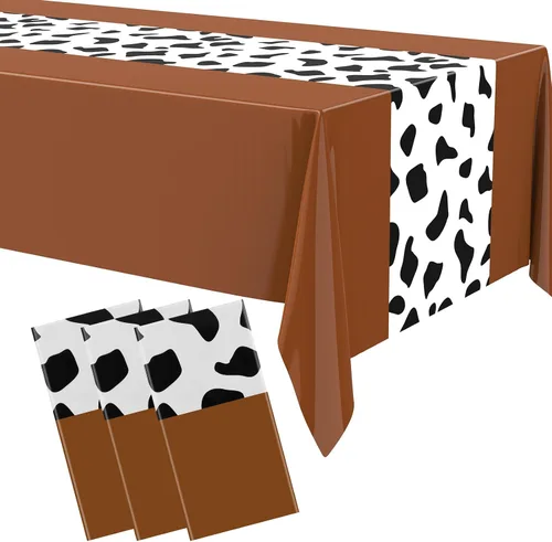 Vista 12 de Paquete de 3 manteles con estampado de vaca negra, 54 x 108 pulgadas, mantel rectangular desechable para fiesta de vaquera occidental, mi primer