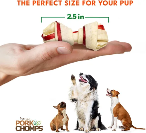 Vista 4 de Pork Chomps Masticables para perros de piel de cerdo horneada, mini nudos de 2.5 pulgadas, tira sabor tocino, 12
